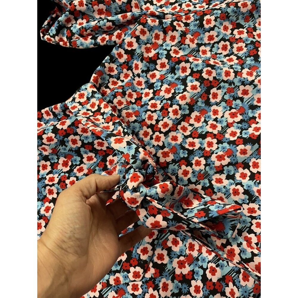 Short Mini Dress XL Daisy Flower Power Pockets Belt Red Blue V Neck Popsugar - Picture 6 of 10